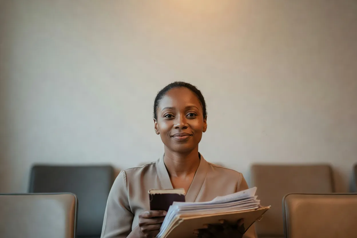 Femme patientant dans une salle d'attente de consulat avec son passeport et un dossier de documents