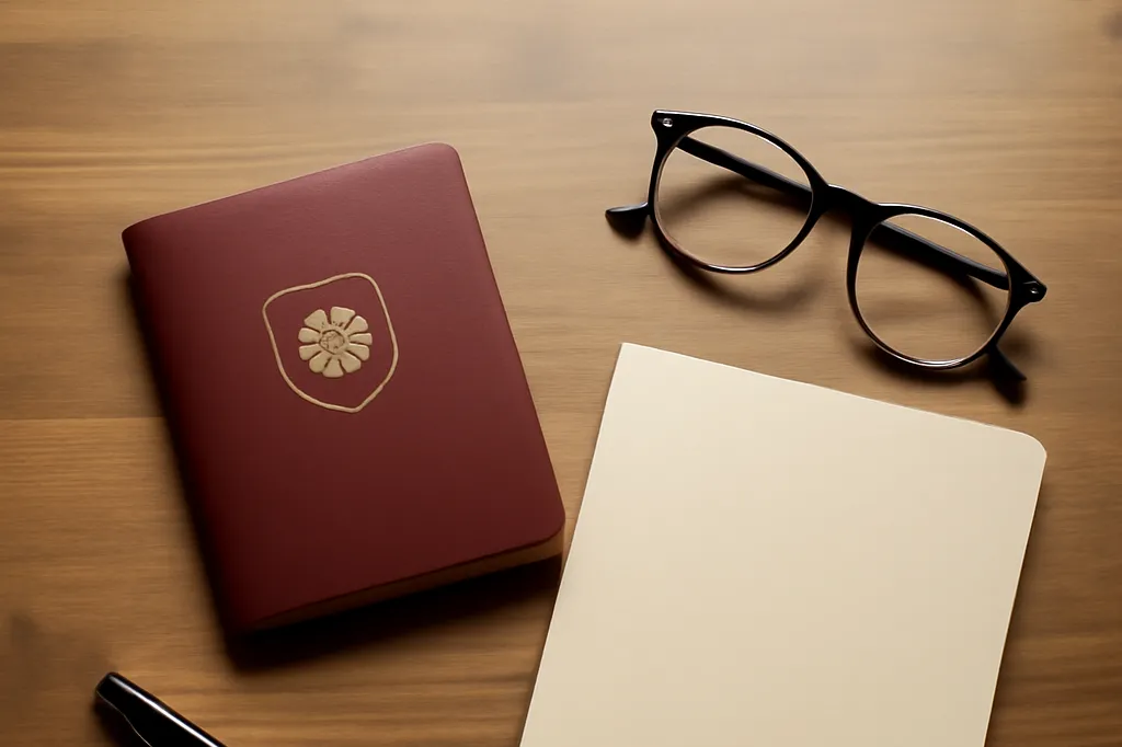 Passeport fermé, lunettes et dossier vierge posés sur un bureau en bois, préparation d'un dossier administratif