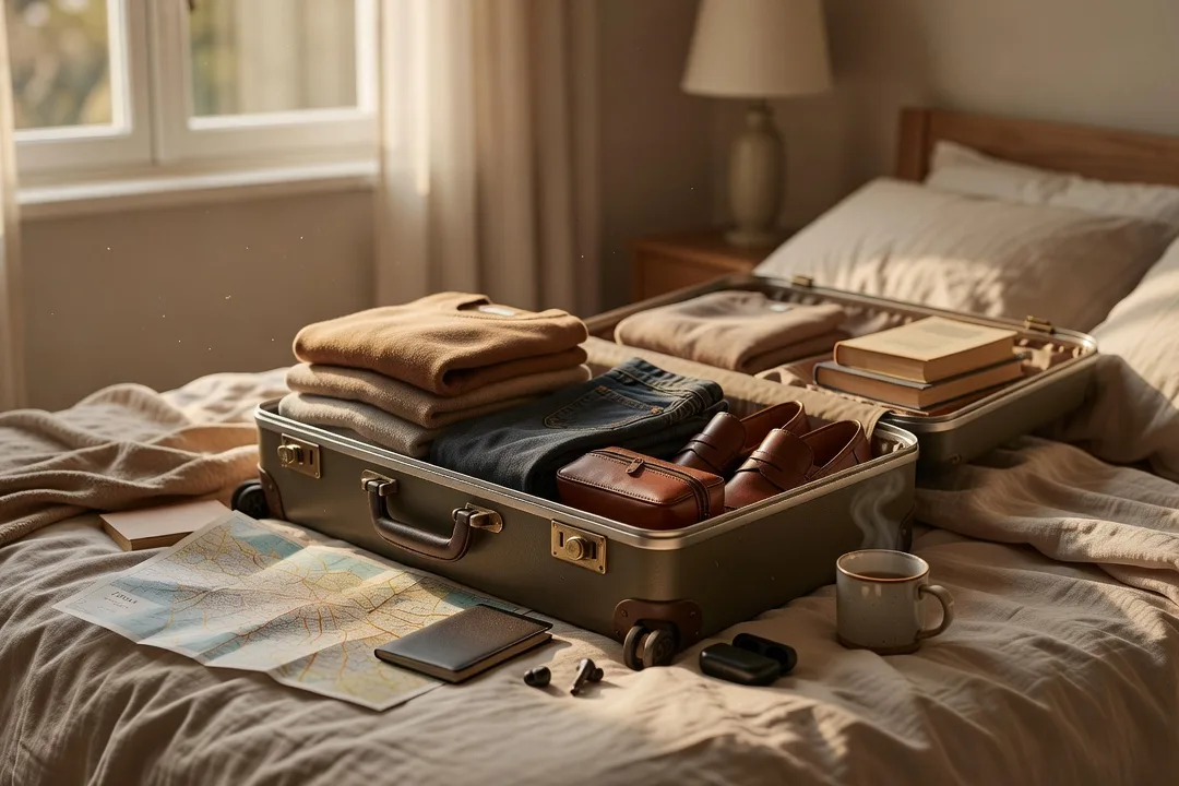 Personne planifiant son budget de voyage sur un carnet avec calculatrice et billets d'avion