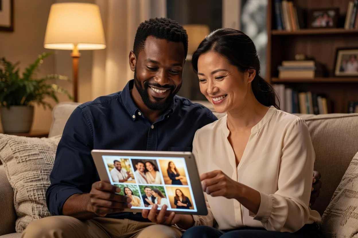Femme consultant des avis clients et des notes en ligne sur un ordinateur portable avant de choisir une agence matrimoniale
