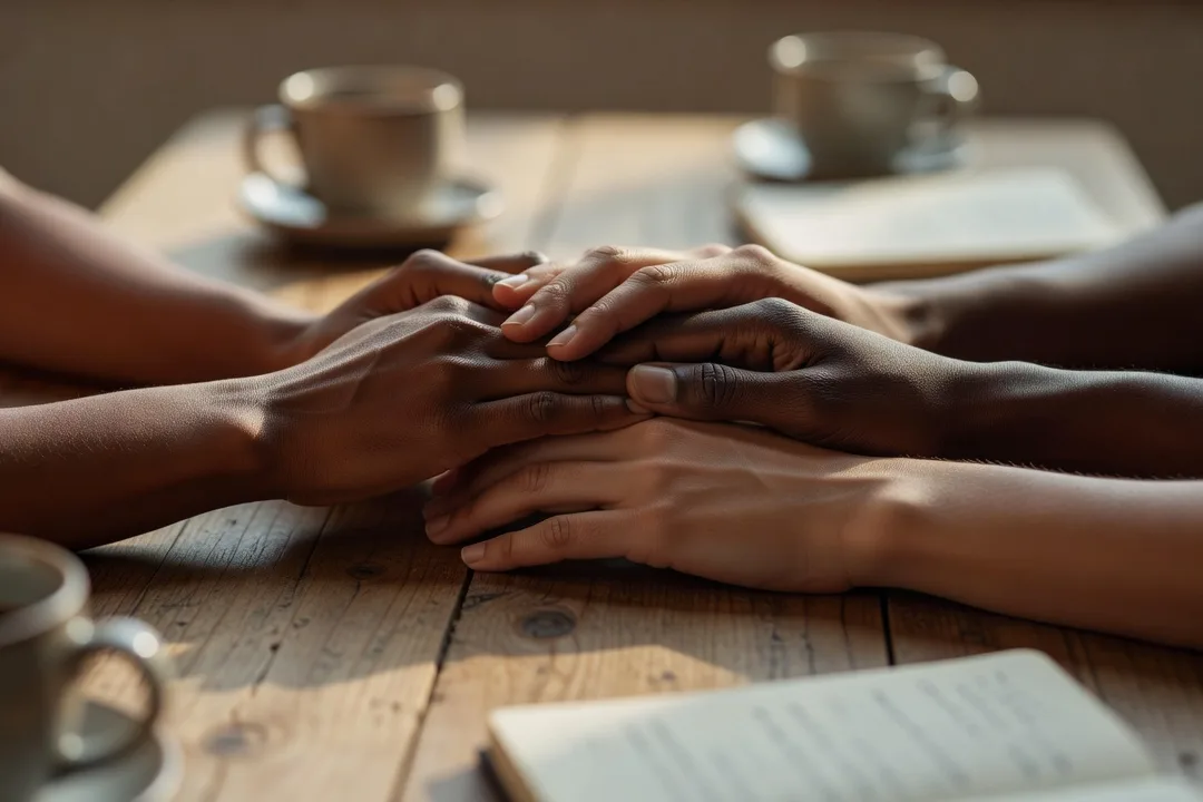 Couple mixte souriant en pleine conversation lors d'un rendez-vous dans un cadre chaleureux